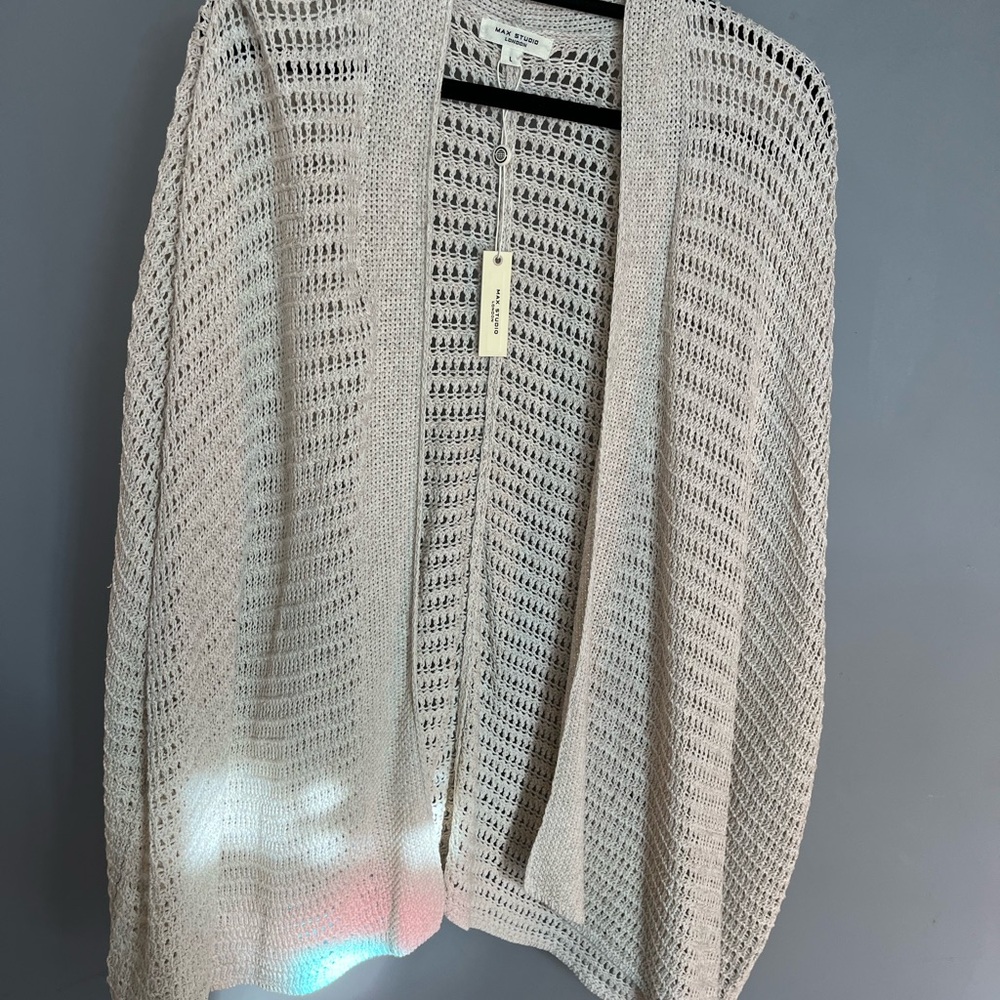 Max Studio Open Knit Crochet Poncho Cardigan in Light Beige
